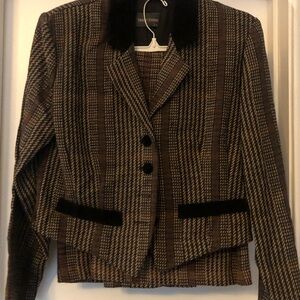 Tracy Evans Brown Plaid Velvet-Trim Blazer and skirt